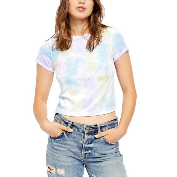 Free People Top Bright Eyes Pastel Tie Dye Velvet Short Sleeve Tee Y2K - Picture 1 of 12